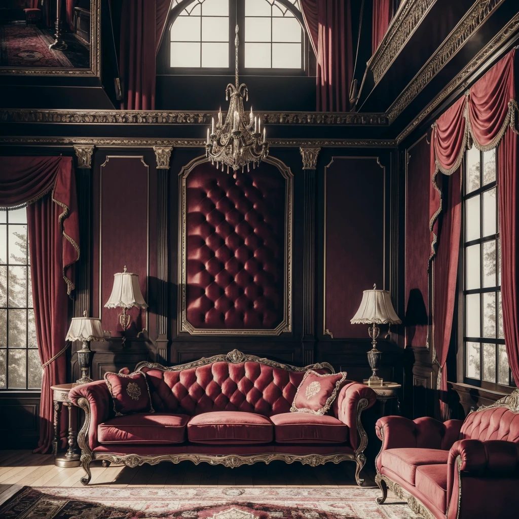 Dracula in the picture, a highly detailed and realistic Dracula's castle vintage living room, large windows with late afternoon sunlight, suede red sofas, tv set, intricate textures, warm color tones, HDR, 8K, photorealistic, masterpiece, cinematic lighting, elegant and refined interior design, must show Dracula the vampire looking menacing, blood on his fangs