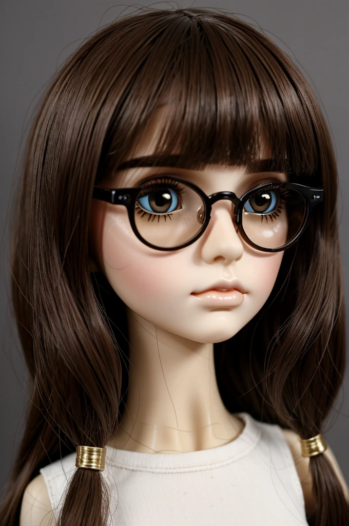 Blythe doll brunette with short brown hair, straight and without fringe, with transparent rectangular lenses and septum piercings, nostril and labret