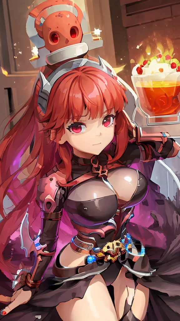 score_9, score_8_up, score_7_up, score_6_up, score_5_up, score_4_up, source_アニメ, tomboy girl, long hair, Bust Cup B , open-chest outfit, Guillotine Cross Set, breastplate, waist armor, Armor, red hair, metal hair accessories, red eyes, Sparkling eyes, Potions ขวดใหญ่, Make Potions, ขายยา Potions, Right hand holds Potions , Potions glass bottle, skull shape, clear glass, crystal Potions, clear red, light particles, Magical light