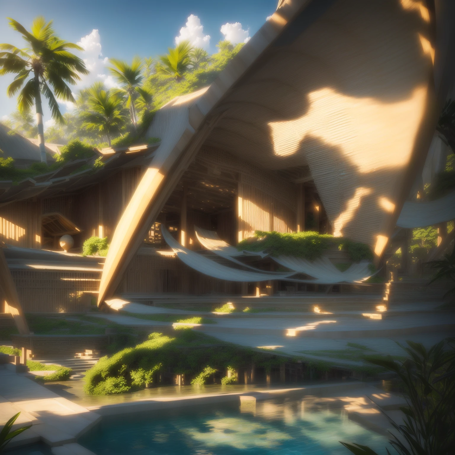 there is a large pool with a bamboo structure in the middle, sustainable architecture, architectural visualization, v-ray, v - ray, vincent callebaut, bali, bamboo huts, award-winning render, inspiring, in style of norman foster, architectural digest, archdaily, a digital rendering, v ray, rendered in corona, an award winning digital render, depth of field, motion blur, backlighting, vignetting, glowing light, cinematic lighting