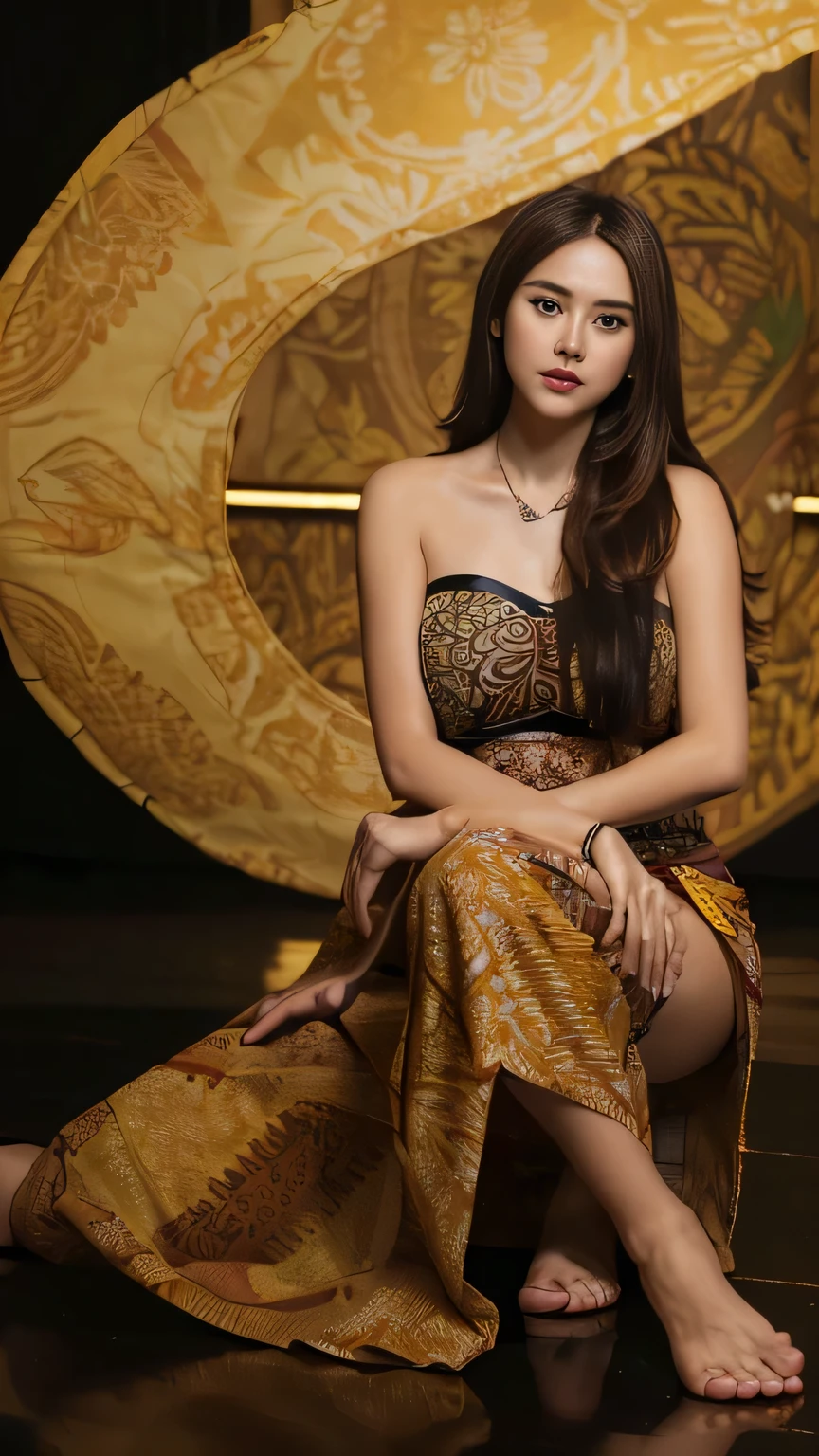 ((Best quality, 8k, Masterpiece :1.3)), beauty. Hidden face. ((Indonesian artist)). Perfect body sexy, ((Long brown hair. Necklace)). _make-up face. lipstick
((Batik sarong skirt)). ((Strapless tube top)), long legs_full body. Erotic pose. Sit down. Under the floor. ((Dark background))