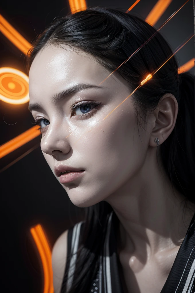 A surrealist abstract masterpiece that captures the essence of a monochrome corean woman robotic face in profile. The intricately rendered robotic visage, with its smooth metallic surfaces and complex components, exudes a sophisticated and otherworldly aura. The monochromatic palette accentuates the starkness and precision of the robotic features, evoking a futuristic eeriness.
Vibrant, bold orange lines intersect the composition, introducing a dynamic contrast and forming abstract shapes and patterns that seem to pulsate with energy. The harmonious blend of the precise mechanical elements with the fluid, organic shapes of the orange lines creates a visually captivating image that challenges the viewer's perception of reality.
The artist's skillful use of monochrome tones and bold colors in this painting, poster, or conceptual art piece results in a mesmerizing blend of the, painting, poster, conceptual art