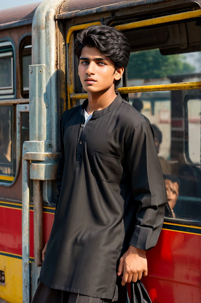 Create a realistic image of  20 years old boy take offfrom the bus in lahore city,He must wear black shalwar kameez ,he hold a bag in his hand ,he loooking for someone 