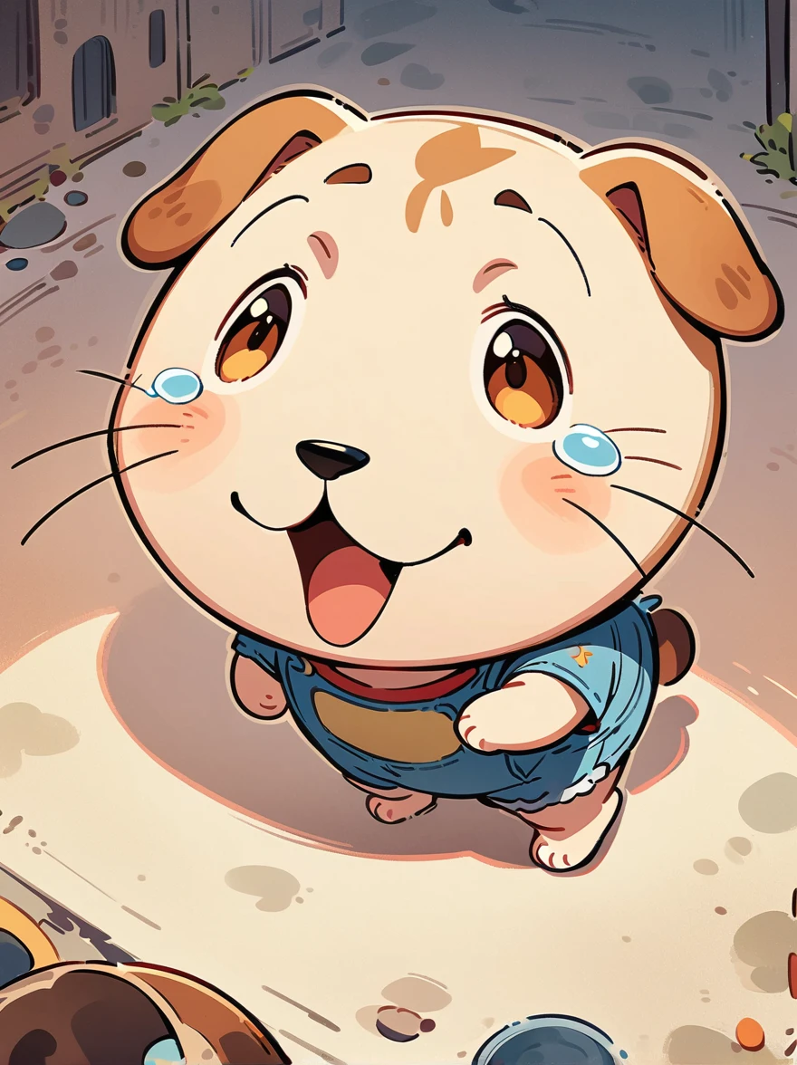 Cartoon illustration，simple，Depicts an anthropomorphic dog，White hair ，Q version，（Toddler，baby）， cute， stand up， Masterpiece， high resolution，8K，（（（solo））），Looking at the audience，Viewing angle，from above，（Warm light source：1.2），Happy expression，shorts，Correct human anatomy