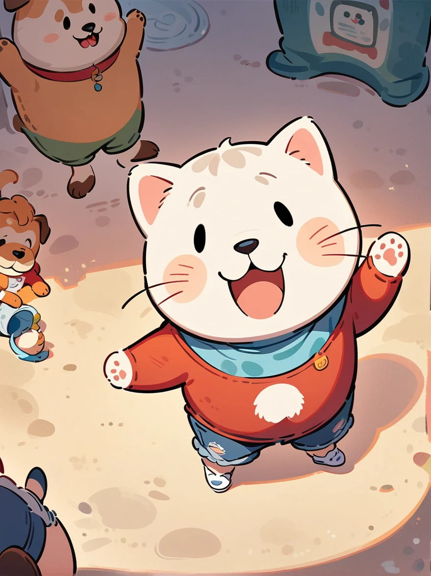 Cartoon illustration，simple，Depicts an anthropomorphic dog，White hair ，Q version，（Toddler，baby）， cute， stand up， Masterpiece， high resolution，8K，（（（solo））），Looking at the audience，Viewing angle，from above，（Warm light source：1.2），Happy expression，shorts，Correct human anatomy