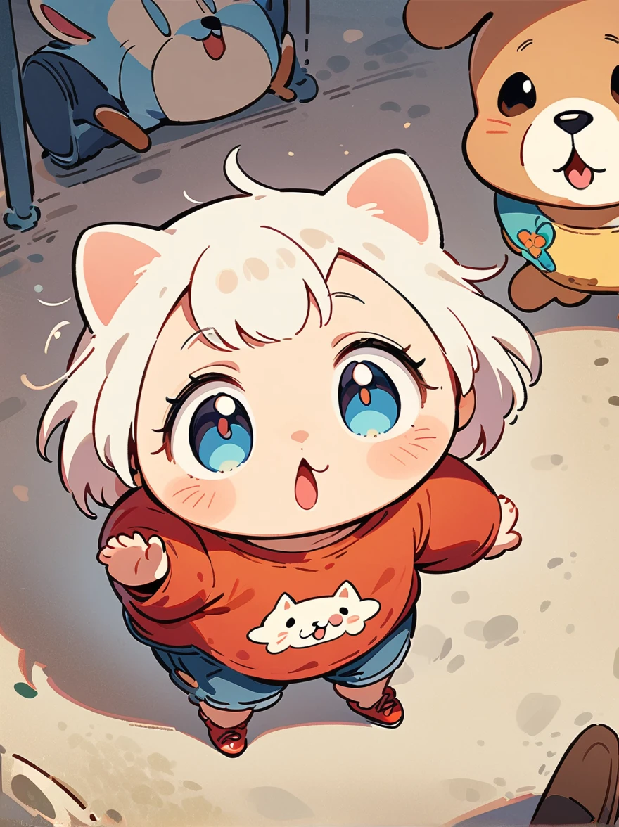 Cartoon illustration,simple,Depicts an anthropomorphic dog,White hair ,Q version,(Toddler,baby), cute, stand up, Masterpiece, high resolution,8K,(((solo))),Looking at the audience,Viewing angle,from above,(Warm light source:1.2),Happy expression,shorts,Correct human anatomy