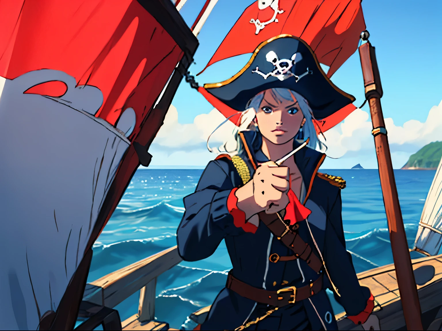 2 pirate girls, a girl pirate captain at the helm looks through binoculars and points her hand into the distance, a whaler girl in a pirate hat raised a harpoon and aims at a whale, (detailed), pirate hat, bright colors, composition