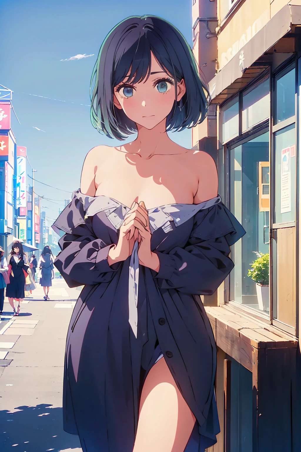 (Highest quality:1.4、masterpiece:1.4、Super detailed:1.4、Ultra-high resolution:1.4、8K:1.4)、Slim body、Big Breasts、((((1 person、Surprised expression、In the background are the urban buildings of Tokyo、looking at the camera、Seaside café terrace、Get up close and take a photo、Very cute face))))、((((nude、very beautiful areola))))、(Pose with hands tucked behind ears:1.4)、(((Black off-shoulder blouson)))、valley、Upper Body、Very blue sky、A completely cloudless sky