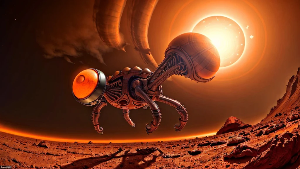 (((LKMMGH)), (FORCED PESPECTIVE OF DISGUSTING Alien Biology Biomechanical ALIEN Creatures) biomechanical alien, unknown, extraterrestrial biology on unknown planet, HEAVY atmosphere with dust particles suspended in the air red - orange WITH SULFUR
