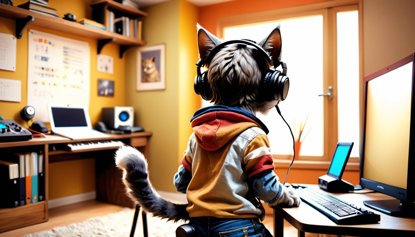 (photography film style), anthropomorphic, cute kitten, , studying in his room, listening to music with headphones, back view, 2D, colorful, warm atmosphere, glossy, Jean-Baptiste Monge style, Alan Lee style
