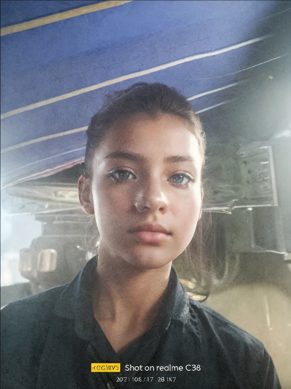 masterpiece, top quality, highly detailed, Unity 8k wallpaper, (riding a crane truck), firmament, girl 1 person, heavy machinery, gradient hair, hair between eyes, ahoge, age: 16, looking back, pretty face, white neeso,