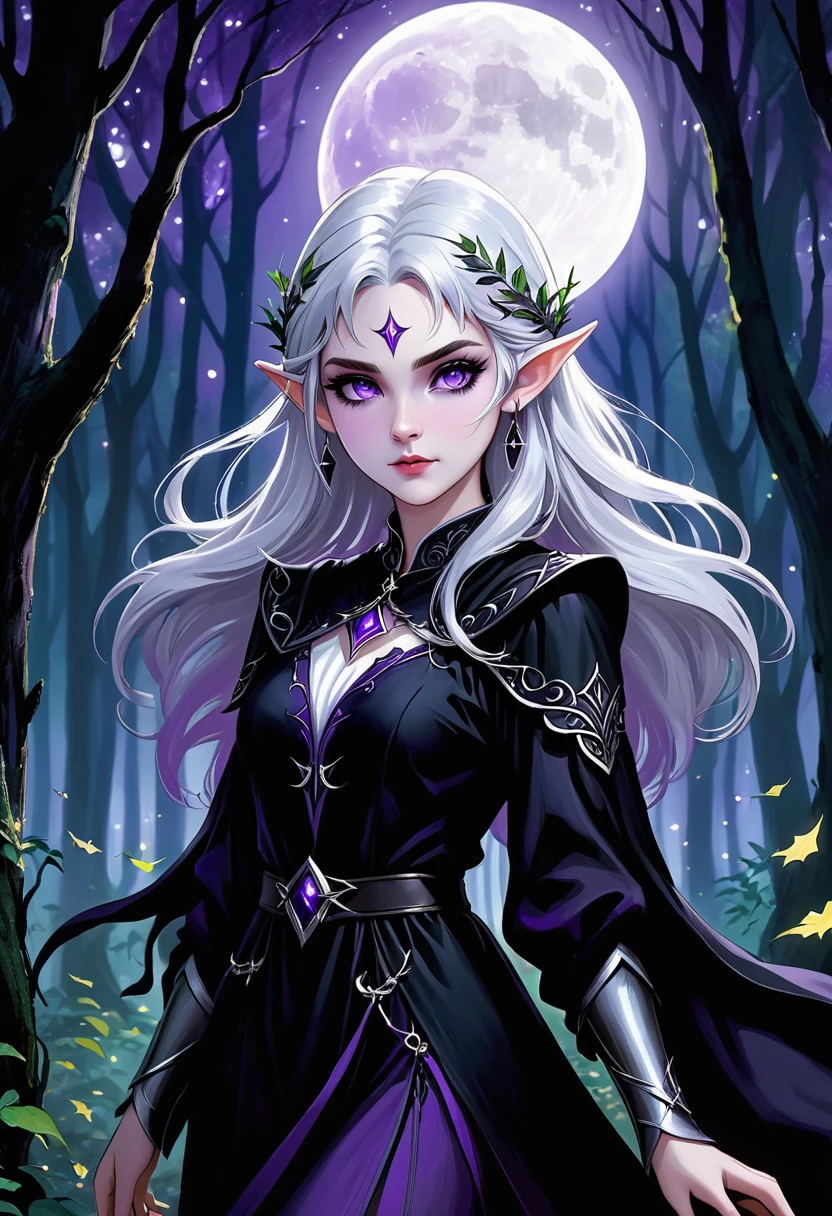 "A young moon elf, with pale skin, silver hair and purple eyes, is portrayed in the moonlight in a magical forest, wearing black magic. Her supernatural beauty and mysterious aura mix with the dark energy of the magic she conjures up. Her silver hair shines in the moonlight, while her purple eyes radiate power. Wearing black robes and sinister adornments, she channels black magic with a concentrated and determined expression. The surrounding forest seems to react to its magic, with dancing shadows and leaves flickering. The scene is full of tension and mystery, capturing the duality of the young elf of the moon."