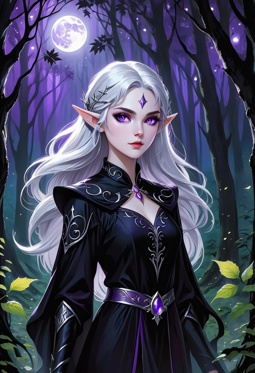 "A young moon elf, with pale skin, silver hair and purple eyes, is portrayed in the moonlight in a magical forest, wearing black magic. Her supernatural beauty and mysterious aura mix with the dark energy of the magic she conjures up. Her silver hair shines in the moonlight, while her purple eyes radiate power. Wearing black robes and sinister adornments, she channels black magic with a concentrated and determined expression. The surrounding forest seems to react to its magic, with dancing shadows and leaves flickering. The scene is full of tension and mystery, capturing the duality of the young elf of the moon."