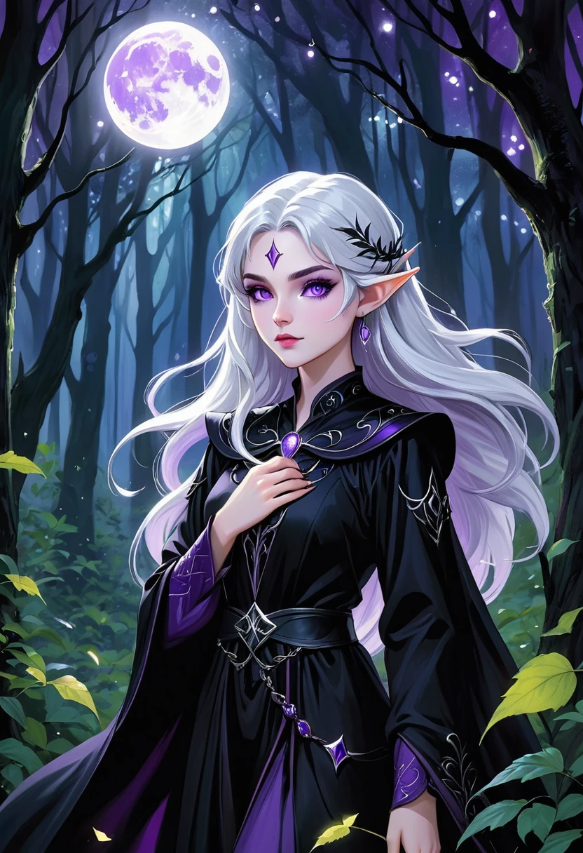 "A young moon elf, with pale skin, silver hair and purple eyes, is portrayed in the moonlight in a magical forest, wearing black magic. Her supernatural beauty and mysterious aura mix with the dark energy of the magic she conjures up. Her silver hair shines in the moonlight, while her purple eyes radiate power. Wearing black robes and sinister adornments, she channels black magic with a concentrated and determined expression. The surrounding forest seems to react to its magic, with dancing shadows and leaves flickering. The scene is full of tension and mystery, capturing the duality of the young elf of the moon."