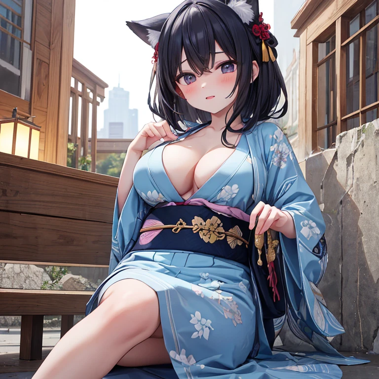 (Fox Girl, Fox Ears, Black colored hair, Fox Makeup, One Girl, Long Hair:1.6), (kimono, Kimono with open chest, A beautiful kimono with red and black patterns, I can see her cleavage, Open chest, Exposed skin:1.8), (Body size is 100-70-90!, Nice body, Big Breasts, Soft breasts, Emphasize cleavage, Knees are slightly visible, Muscular, Abdominal muscles, Grab your own chest:1.9), Avatar, face, lewd face, Dominant representation, naughty face, Uplifting, Skin Texture, outside, Grassy field