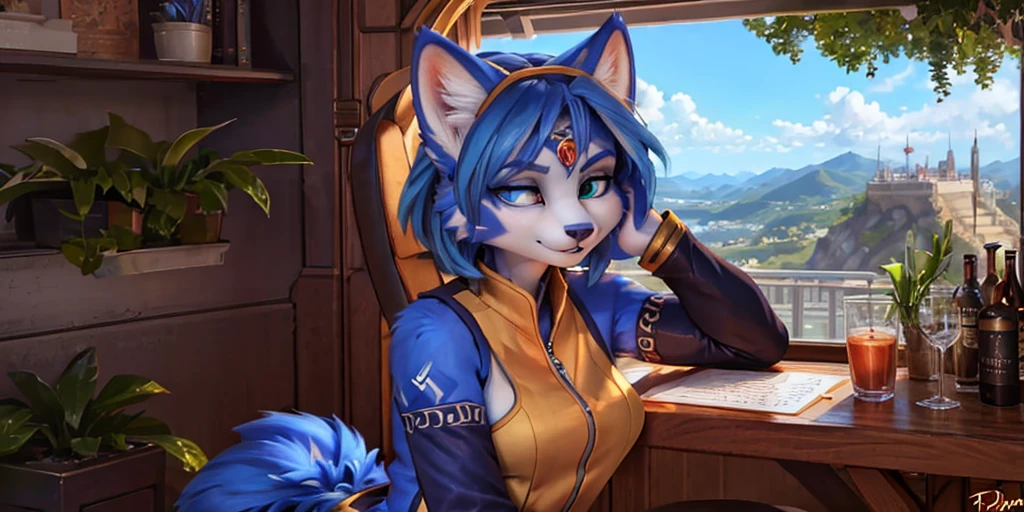A beautiful and detailed (full body portrait) wa ((Krystal)), Star Fox Krystal, sslim, lovable, green eyes, medium breasts, (((Long blue hair 1.3))), Decollete, anthro, furry, Uploaded E621, detailed fluffy fur, (wa Fluff-Kevlar, Bayard Wu, Personalami, Pino Daeni), detailed face, (fluffy), 1 girl, alone, sweet girl,