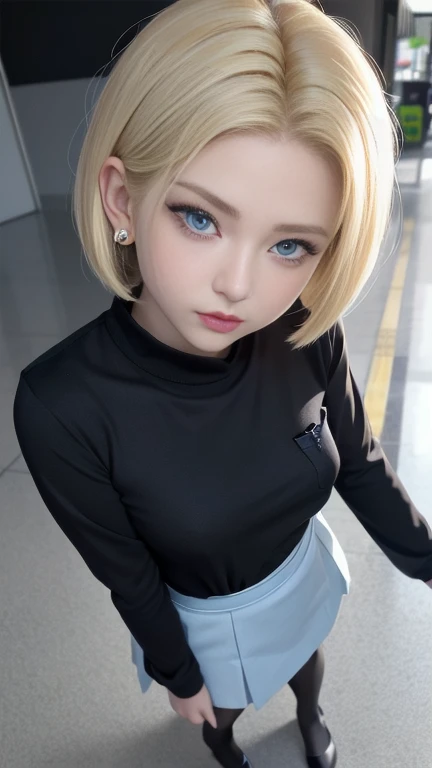 wallpaper,32k,android 18, Blonde hair, blue eyes, eyelash, earrings, short hair, earrings带, full body,Black socks, 黑色shirt, 胸部pocket, cleveage, clavicle, Sailor Suit,Pantyhose,Pleated Skirt, Standing,, Jewelry, Long sleeve, pocket, shirt, shirt塞进裤子里, skirt, Toriyama Akira Background,
