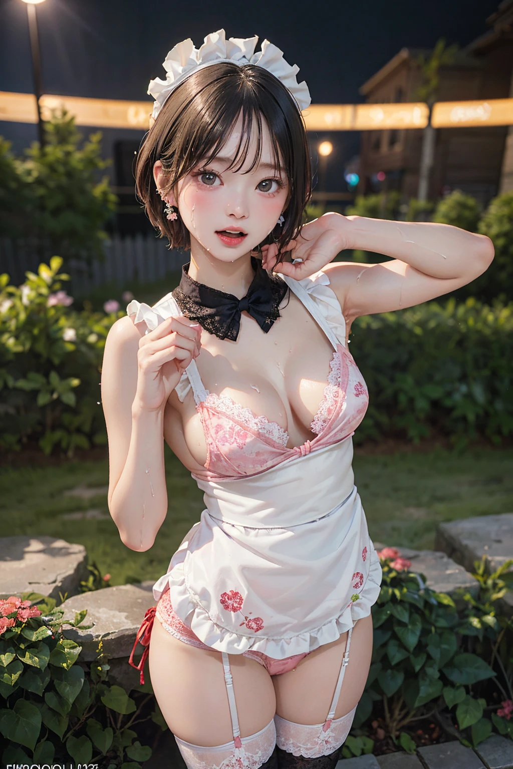 (masterpiece:1.2, Highest quality), (Realistic, photoRealistic:1.4), Beautiful illustrations, (Natural Side Lighting, Cinema Lighting), Browsing Caution,
View Viewer, (Bust up shot)、Front view:0.8, 1 girl, Japanese, high school girl, Perfect Face, Cute and symmetrical face, Shiny skin、
(Semi-short cut hair, Side Lock, Light pink hair), Parted bangs, Emerald green eyes, Long Eyelashes, (Big Breasts:0.8),
Beautiful Hair, Beautiful Face, Beautiful fine details, Beautiful clavicle, Beautiful body, Beautiful breasts, Beautiful fingers, Beautiful nipples、Beautiful armpits、Beautiful, perfectly aligned teeth、
((A cat suit with attention to detail、(Pastel red floral lace panties、Lace mini maid apron、Black garter stockings)、Shyness、(Open your mouth:1.3)、Red bow tie、Earrings、(topless:1.2)))、
((The background is night、moonlight、garden、firework、Night Festival))、 (Troubled face、Upward glance), (The skin is moist and wet:1.2)、(Semen is on it:1.6)、(Licking your fingers:1.2)