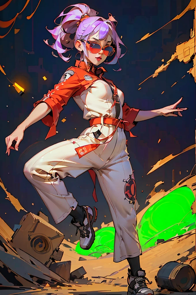 White workwear jumpsuit、A woman wearing a costume with glowing purple lines, cyber punk, Hard Rock Metal, Mosh Pit, (Highest quality,4K,8K,High resolution,masterpiece:1.2),Live Stage、Costume with glowing red lines、Large sunglasses,Punkish hairstyle、Full body portrait、dynamic dancing
