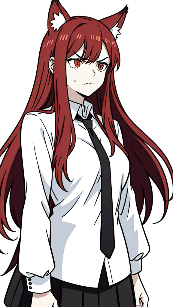 1girl ,20s,mature female,angry face,red hair,long hair,fox ears,(white background, line drawing),white shirt,black standard tie,black jacket, blazer,long sleeves, black pleated skirt,(upper body)
