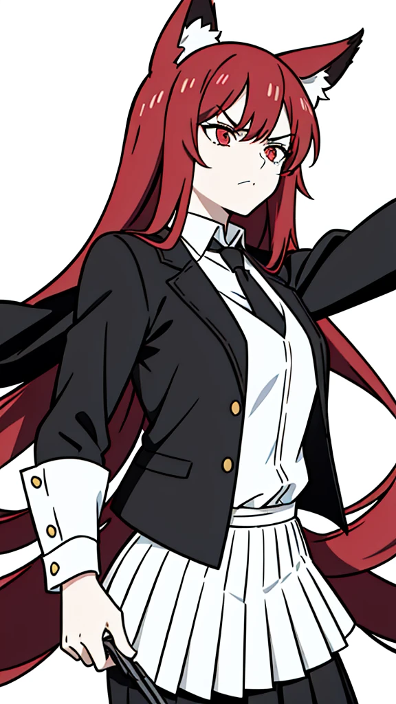 1girl ,20s,mature female,angry face,red hair,long hair,fox ears,(white background, line drawing),white shirt,black standard tie,black jacket, blazer,long sleeves, black pleated skirt,(upper body)