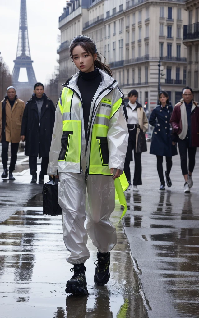 Outfits for natural disasters Functional outfits for natural disasters。Waterproof and windproof materials、Built-in gadgets that can be used in emergencies。Self-illuminating materials、Temperature-regulating survival clothing。The background is the gorgeous runway of Paris Fashion Week。