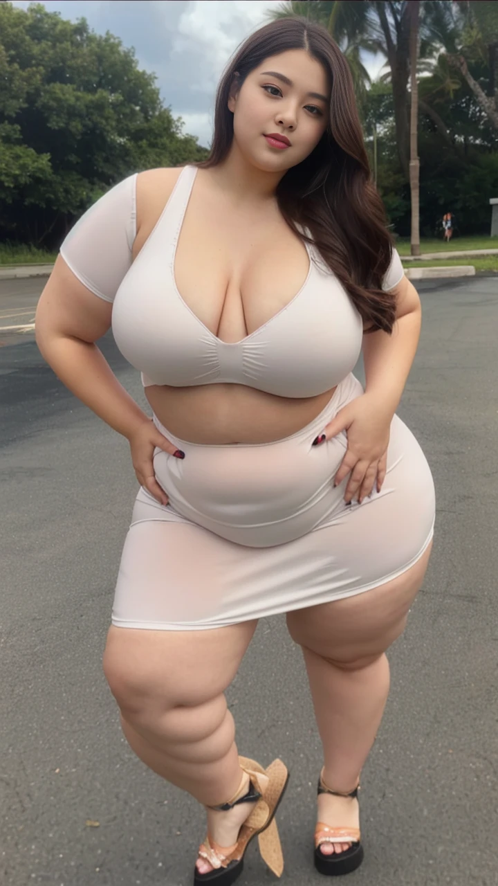 ((best quality)), ((masterpiece)), (detailed), perfect face, araffeTight skirtsShort , thicc, wavy short hair, she has a jiggly fat round belly, bbwchan, wearing tight simple clothes, skinny waist and thick hips, widest hips, her belly is fat and round, soft curvy shape, hyperrealistic full figure, wearing a cute top, wide hips, Blue swimsuit,On the beach by the seaBlue