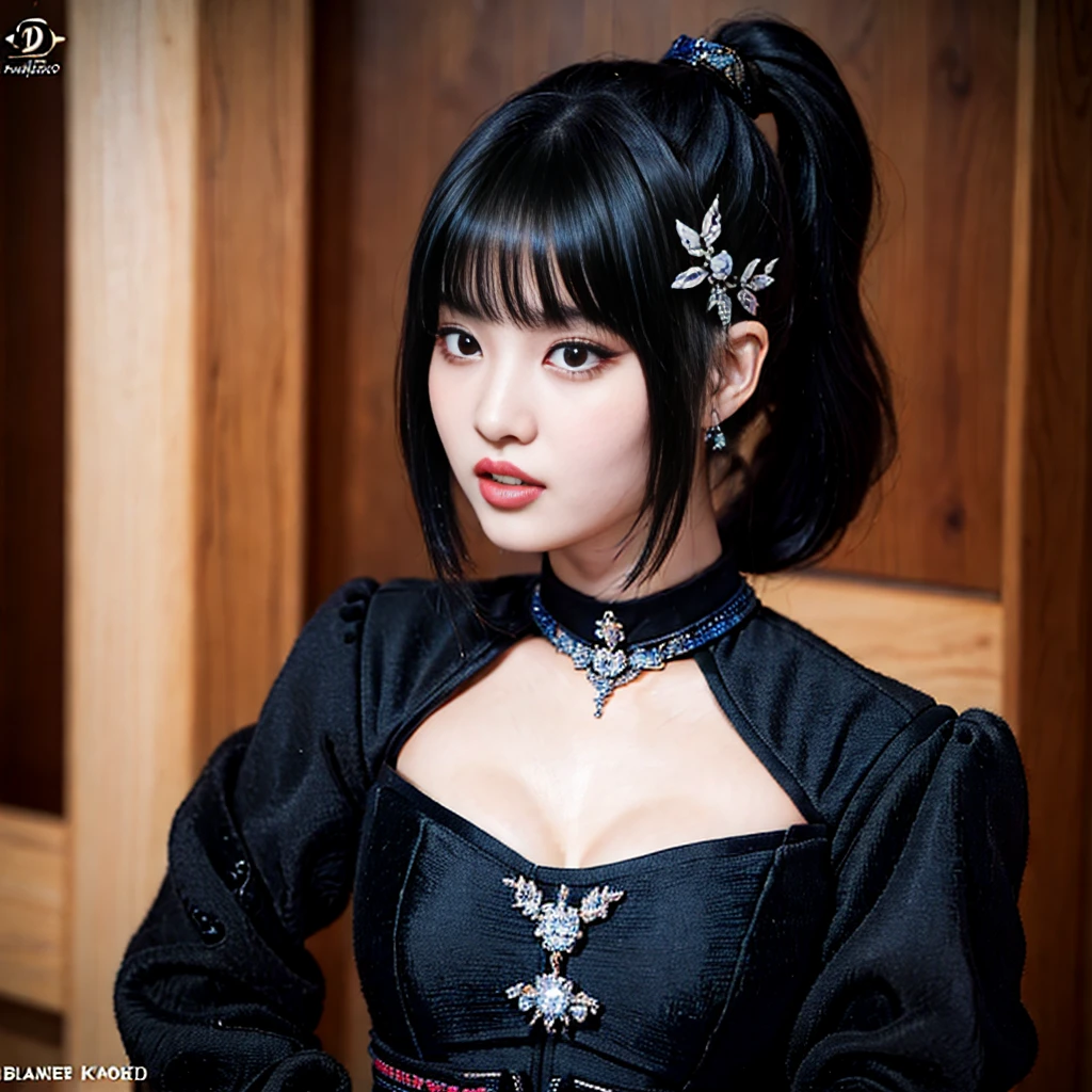 Highest quality，masterpiece，Very detailed, 8K，Beautiful Japan woman at 26 years old:1.5, Small face, blunt bangs, (Detailed black K-pop outfit:1.5),　Breast Augmentation Surgery, Very detailedな臭い脇の下、　Live Stage