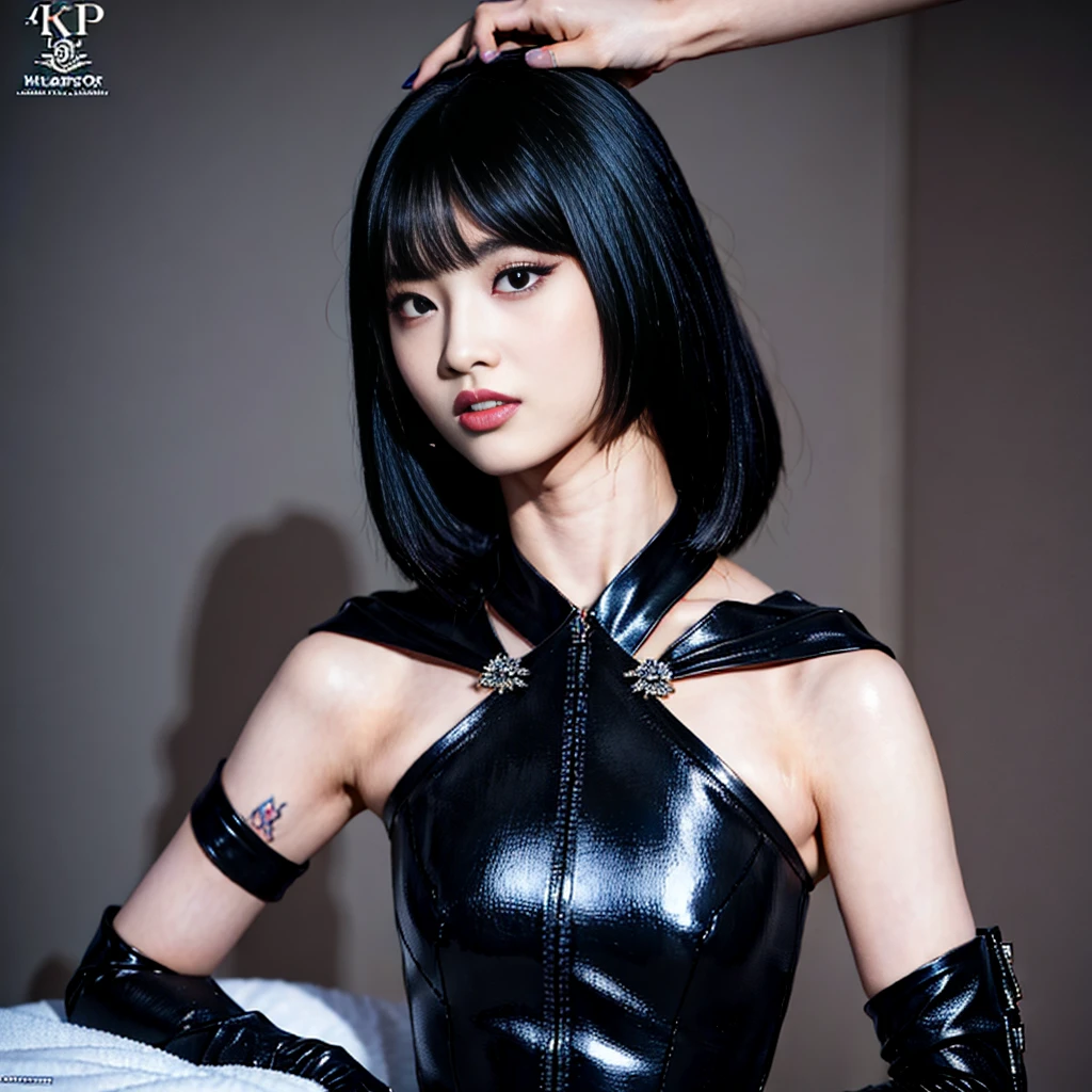 Highest quality，masterpiece，Very detailed, 8K，Beautiful Japan woman at 26 years old:1.5, Small face, blunt bangs, (Detailed black K-pop outfit:1.5),　Breast Augmentation Surgery, Very detailedな臭い脇の下、　Live Stage