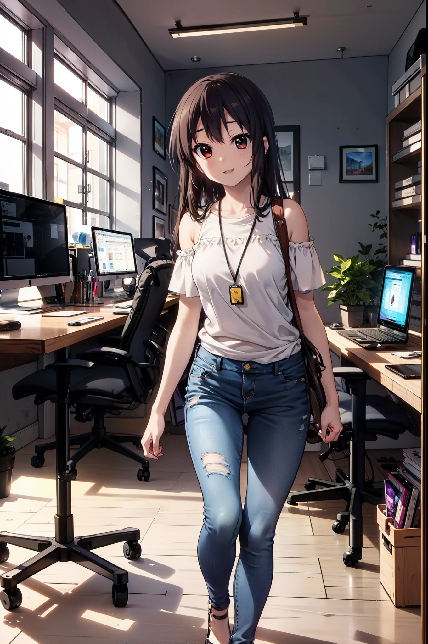 meet, Azusa Nakano, Black Hair, (Brown eyes:1.5), Long Hair, Straight Hair,Cold shoulder tops,Short sleeve,Skinny jeans,Stiletto heels,happy smile, smile, Open your mouth,interior,There is a computer on the table,Walking,So that the whole body goes into the illustration,昼間
break indoors, office,
break looking at viewer,
break (masterpiece:1.2), Highest quality, High resolution, unity 8k wallpaper, (figure:0.8), (Beautiful attention to detail:1.6), Highly detailed face, Perfect lighting, Highly detailed CG, (Perfect hands, Perfect Anatomy),