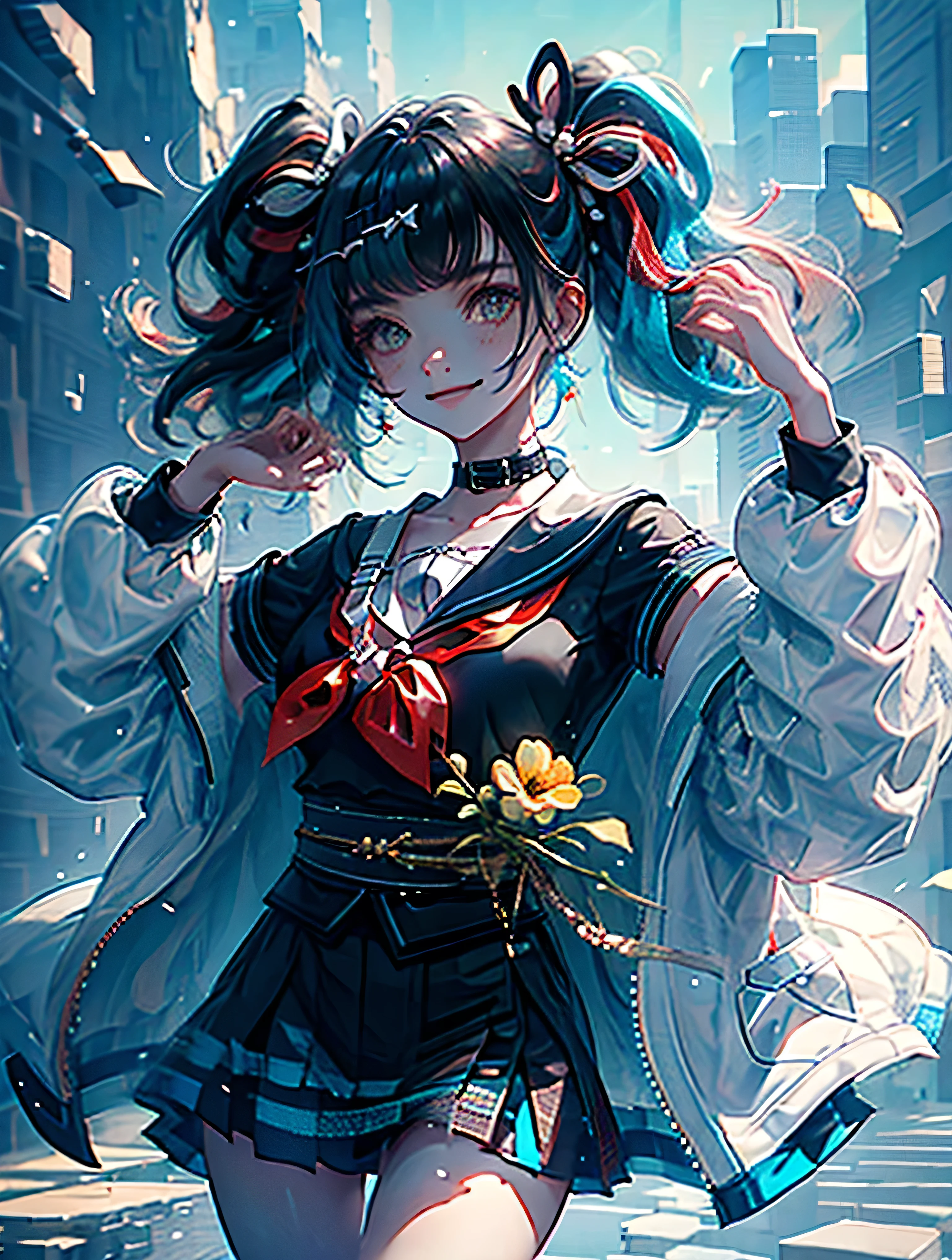 absurdres, uhd, best quality, CG, HDR, 1girl, cowboy shot, sei, white jacket with black flowers on sleeves, sailor collar, black serafuku, black shirt, black kimono skirt with blue hem, obi, twintails, smiling, city, sidewalk, buildings, daytime,