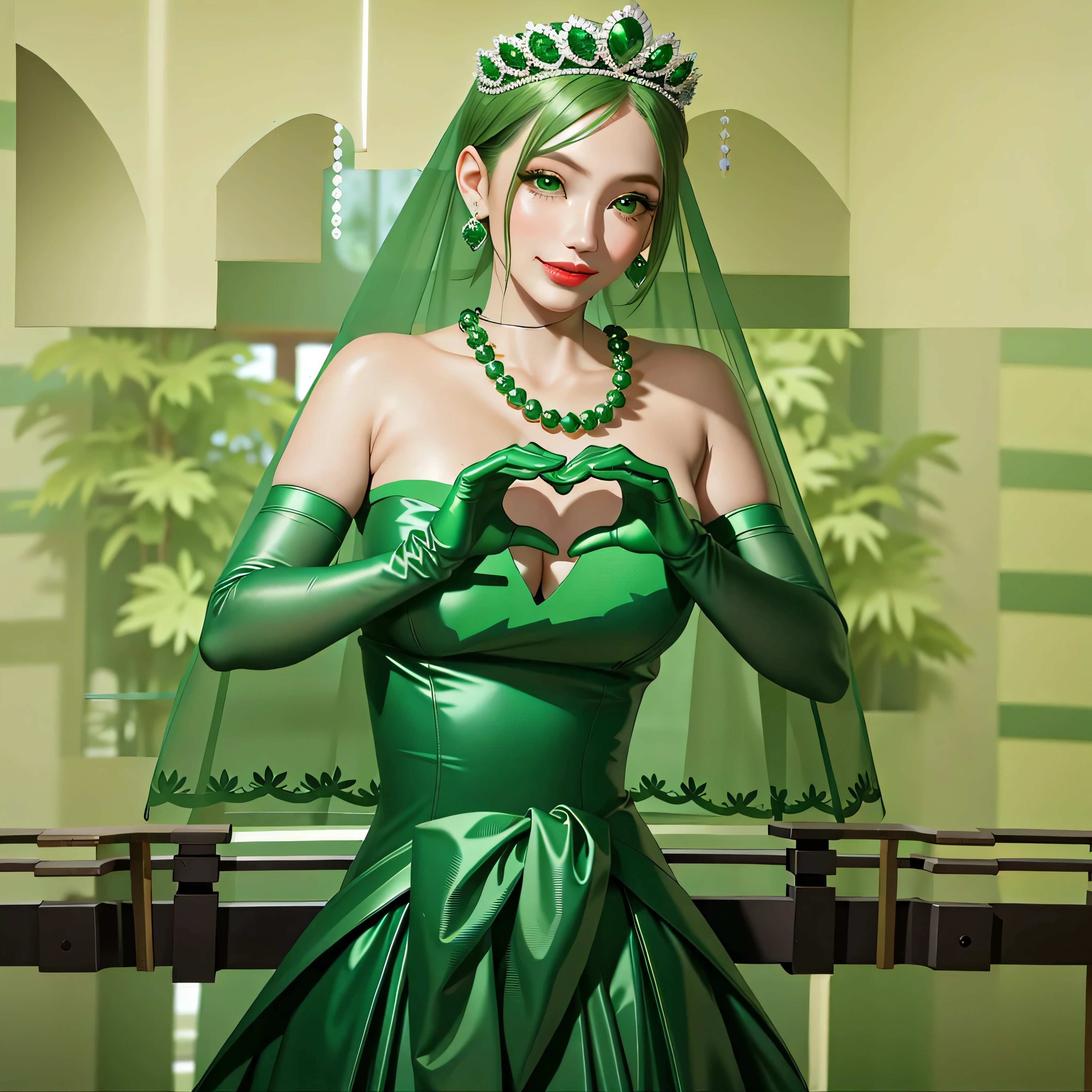 emerald tiara, Green Pearl Necklace, Boyish very short green hair, Green Lips, Smiling Japanese woman, Very short hair, Busty beautiful lady, Green Eyes, Green satin long gloves, Green Eyes, Emerald Earrings, Green veil, Heart with both hands, Green Hair, Beautiful Japanese Woman, Heart shaped hands:1.3, green lip gloss