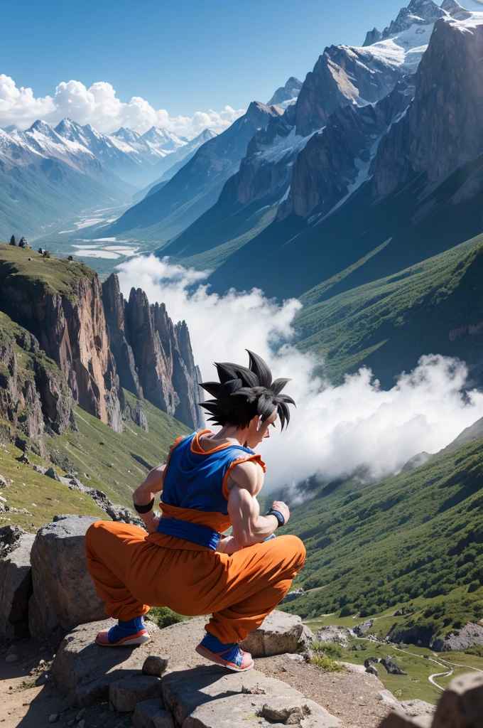 Goku training intensely in a mountainous landscape, while your friends watch.]