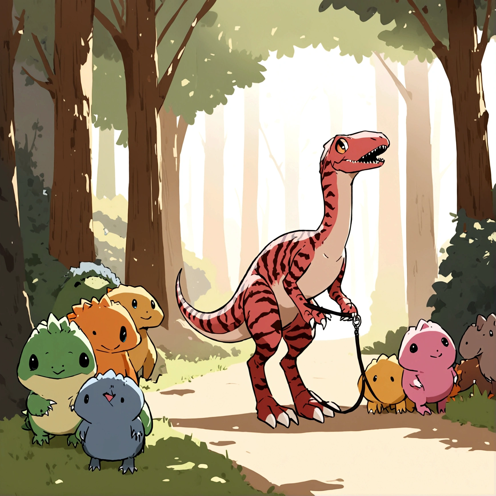 A cave woman (fur bikini) has her pet pink velociraptor on a leash and is taking it for a walk in the park. Many other cave people are there with their dino pets (various colors and types)