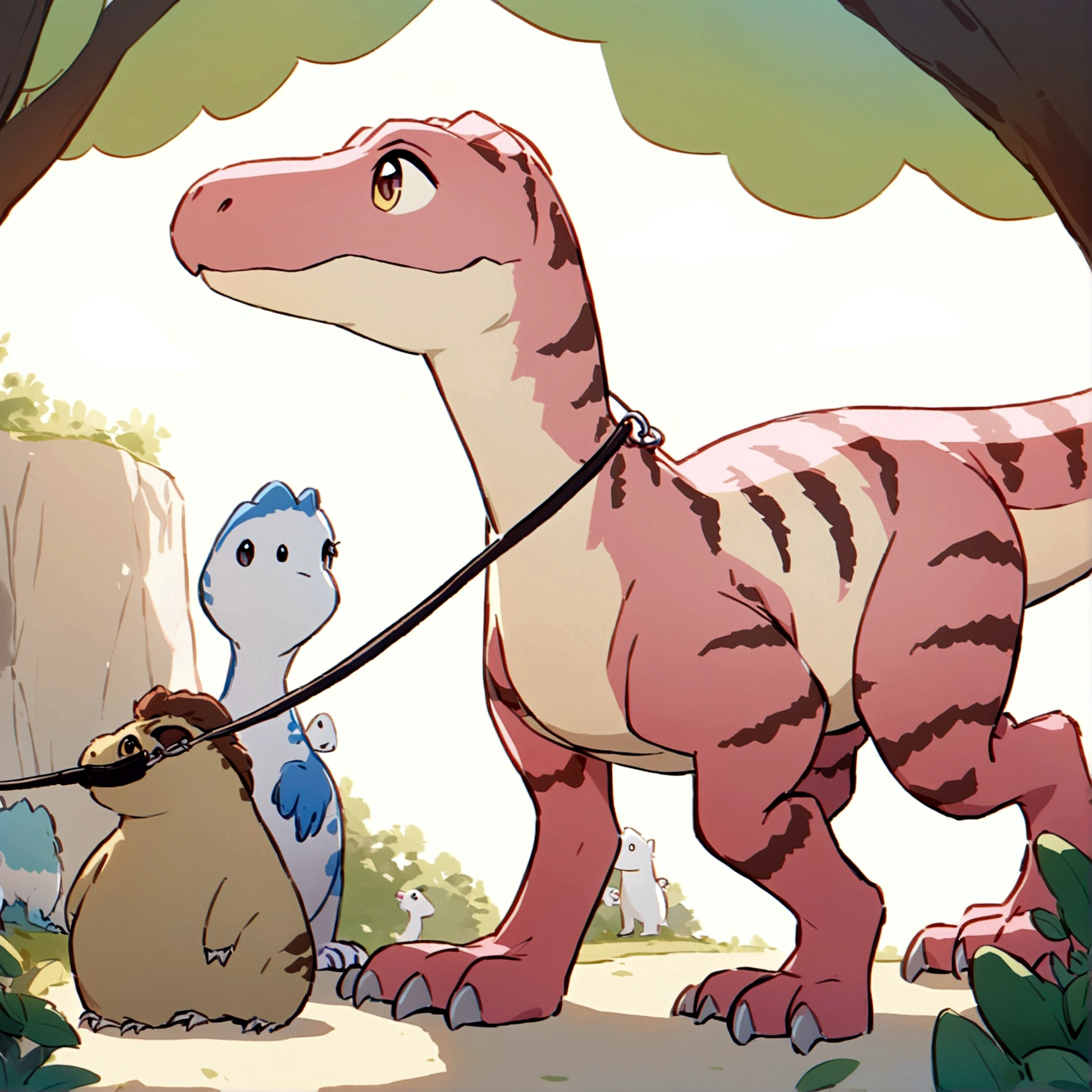 A cave woman (fur bikini) has her pet pink velociraptor on a leash and is taking it for a walk in the park. Many other cave people are there with their dino pets (various colors and types)
