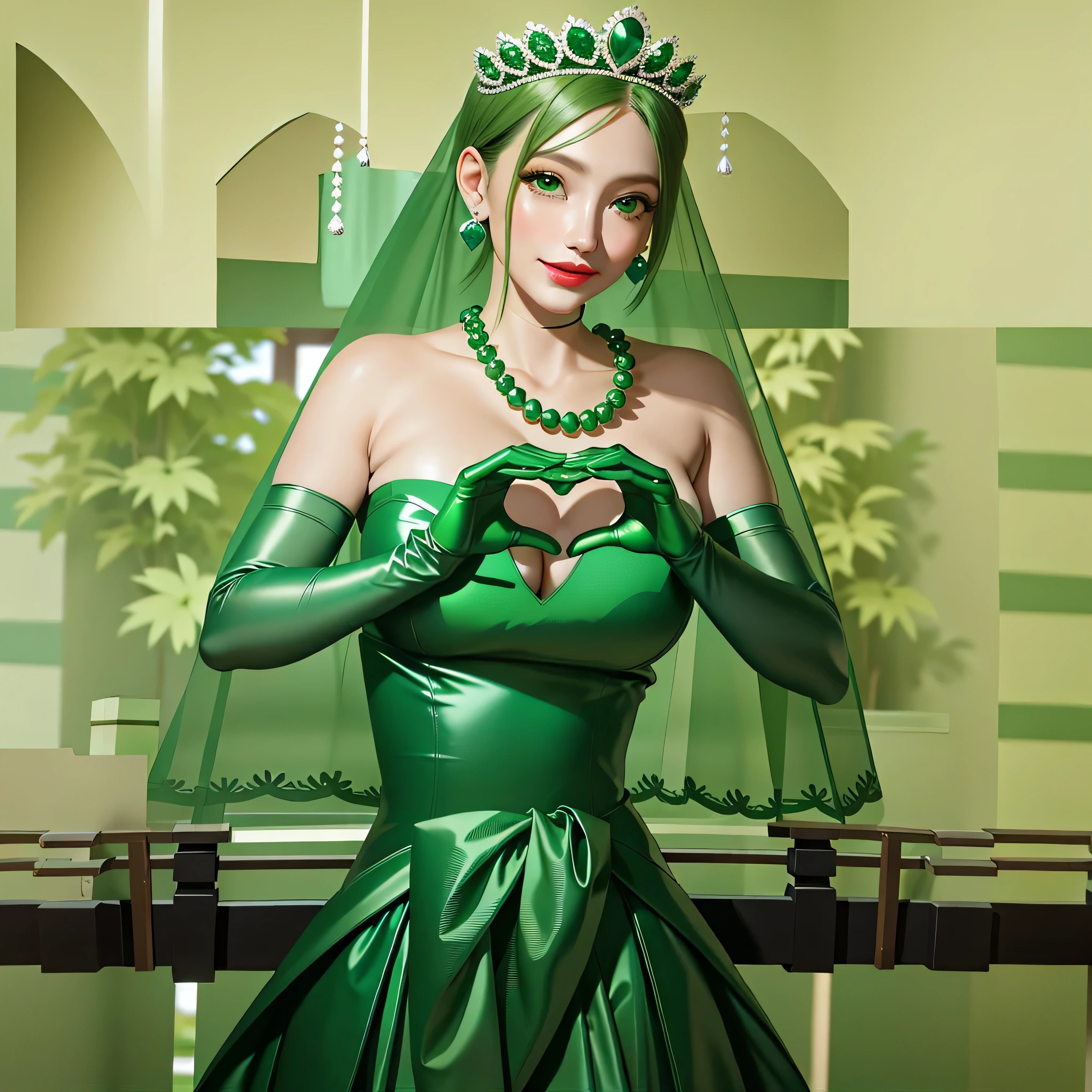 emerald tiara, Green Pearl Necklace, Boyish very short green hair, Green Lips, Smiling Japanese woman, Very short hair, Busty beautiful lady, Green Eyes, Green satin long gloves, Green Eyes, Emerald Earrings, Green veil, Heart with both hands, Green Hair, Beautiful Japanese Woman, Heart shaped hands:1.3, green lip gloss