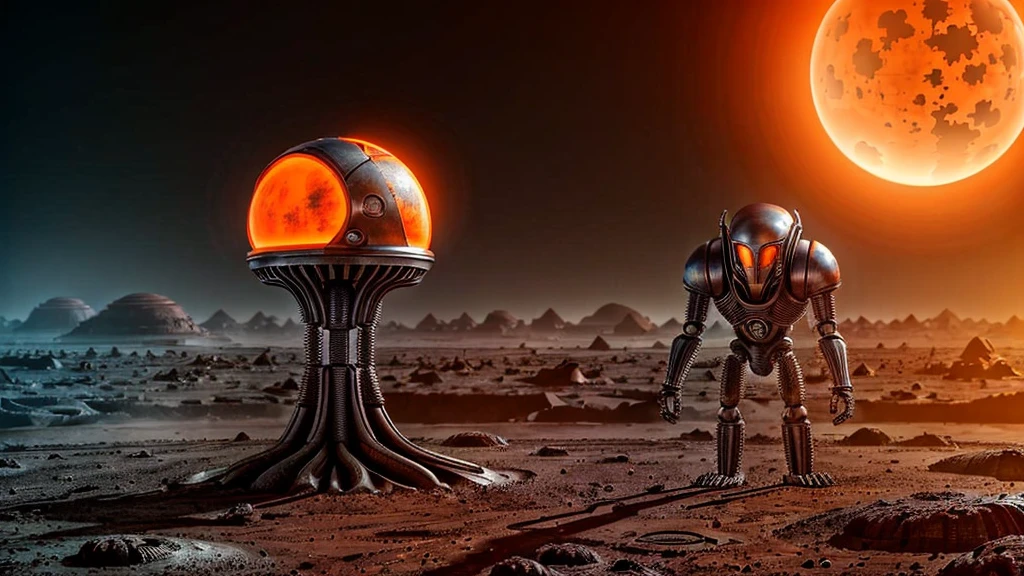 ((STEEL), (FORCED PESPECTIVE OF DISGUSTING Alien Biology Biomechanical ALIEN Creatures) biomechanical alien, unknown, extraterrestrial biology on unknown planet, HEAVY atmosphere with dust particles suspended in the air red - orange WITH SULFUR