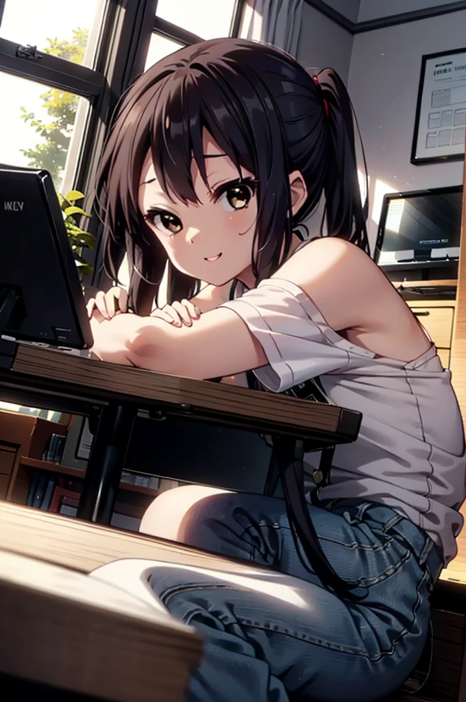 meet, Azusa Nakano, Black Hair, (Brown eyes:1.5), Long Hair, Straight Hair,Cold shoulder tops,Short sleeve,Skinny jeans,Stiletto heels,happy smile, smile, Open your mouth,interior,There is a computer on the table,Walking,So that the whole body goes into the illustration,昼間
break indoors, office,
break looking at viewer,
break (masterpiece:1.2), Highest quality, High resolution, unity 8k wallpaper, (figure:0.8), (Beautiful attention to detail:1.6), Highly detailed face, Perfect lighting, Highly detailed CG, (Perfect hands, Perfect Anatomy),