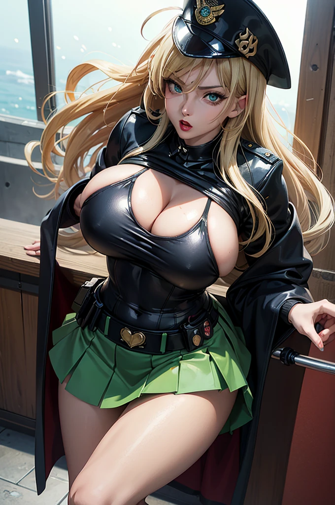 8K(Anime style face:1.5 )woman,Huge boobs,very red lips,Big Ass,Thin waist long legs,Green Eyes, Emphasis on huge breasts,Greenish blue eyes blonde (Police Officer,mini skirt), The face we're looking for,8K(A kind smile)Pole Dance Room:1.3 (Purple light-up)The facial expression is good,Naughty,(Your clothes are torn:1.5),,A soft smile with slightly red cheeks