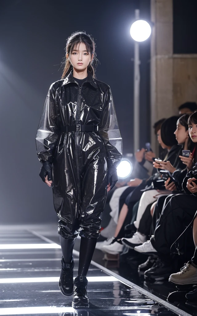 Outfits for natural disasters Functional outfits for natural disasters。Waterproof and windproof materials、Built-in gadgets that can be used in emergencies。Self-illuminating materials、Temperature-regulating survival clothing。The background is the gorgeous runway of Paris Fashion Week。