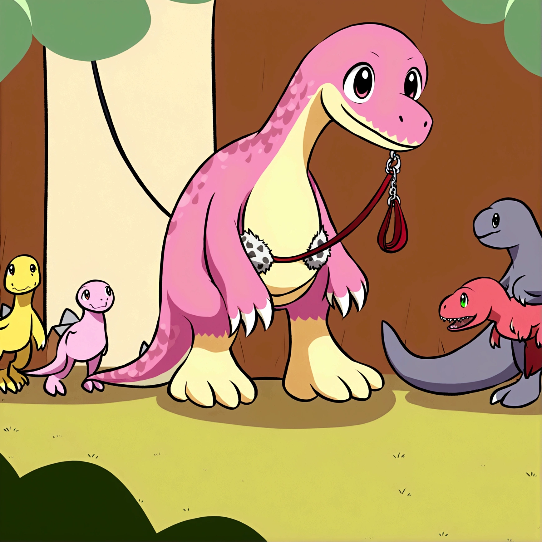 A cave woman (fur bikini) has her pet pink velociraptor on a leash and is taking it for a walk in the park. Many other cave people are there with their dino pets (various colors and types) (safe for work)

