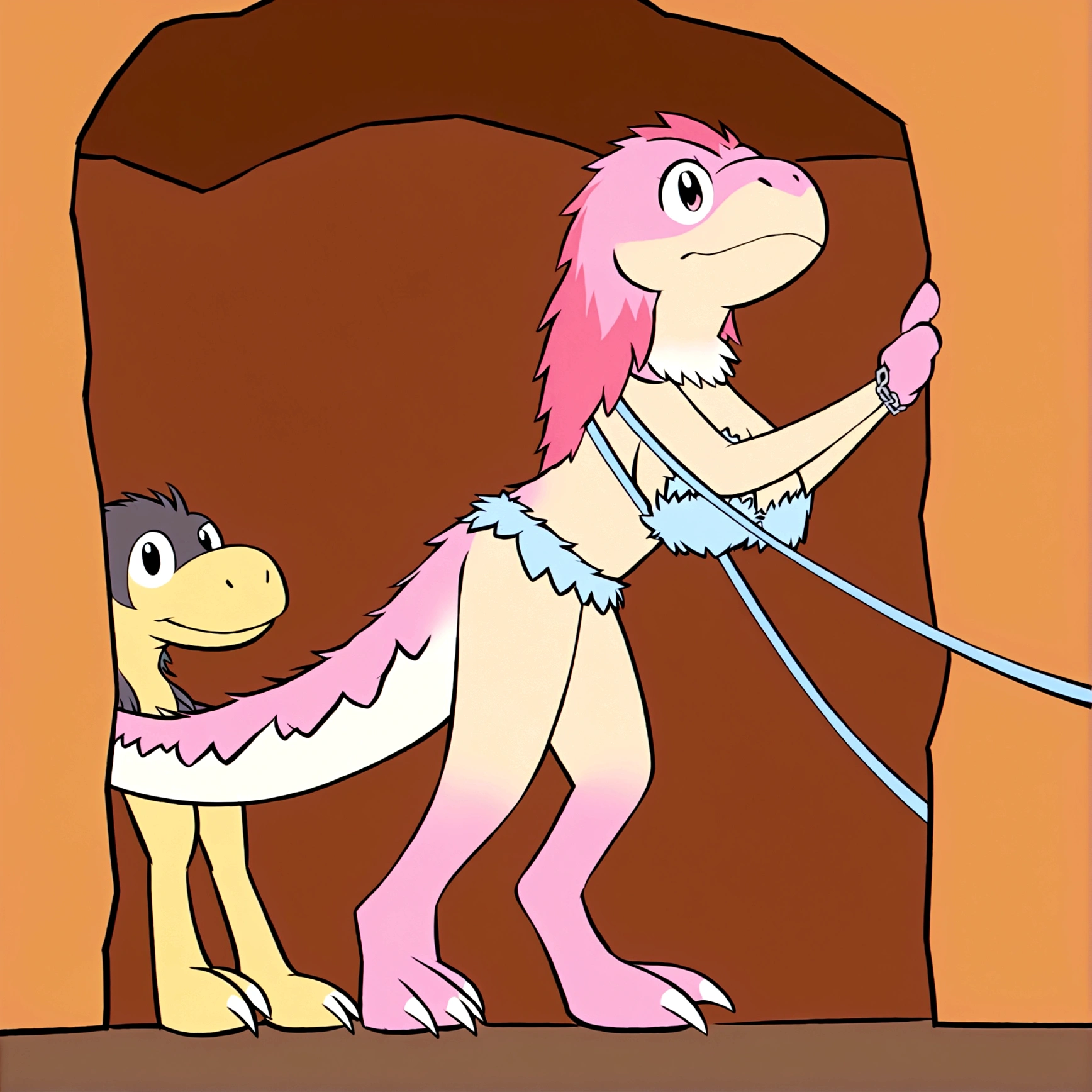 A cave woman (fur bikini) has her pet pink velociraptor on a leash and is taking it for a walk in the park. Many other cave people are there with their dino pets (various colors and types) (safe for work)
