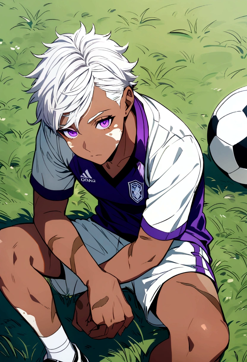 White haired boy with purple eyes, dark skin with vitiligo, with a soccer ball sitting on the grass