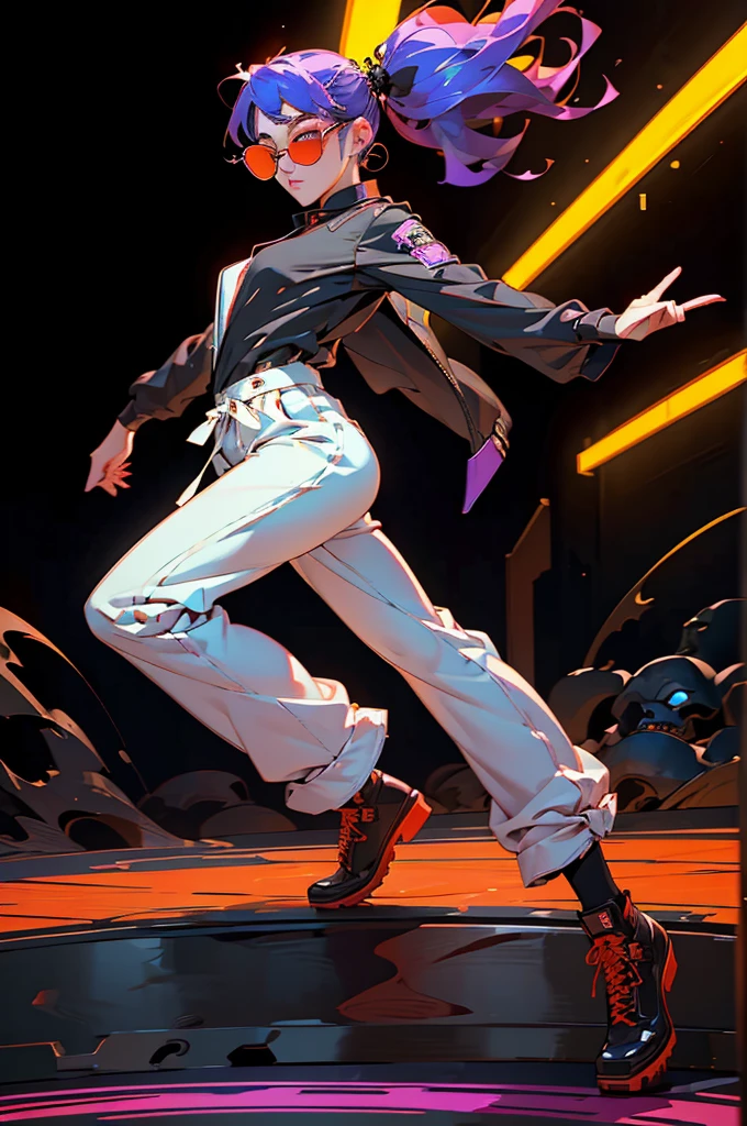 White workwear jumpsuit、A woman wearing a costume with glowing purple lines, cyber punk, Hard Rock Metal, Mosh Pit, (Highest quality,4K,8K,High resolution,masterpiece:1.2),Live Stage、Costume with glowing red lines、Large sunglasses,Punkish hairstyle、Full body portrait、dynamic dancing
