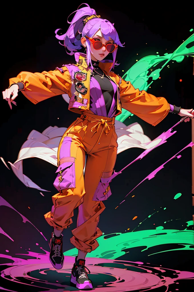 White workwear jumpsuit、A woman wearing a costume with glowing purple lines, cyber punk, Hard Rock Metal, Mosh Pit, (Highest quality,4K,8K,High resolution,masterpiece:1.2),Live Stage、Costume with glowing red lines、Large sunglasses,Punkish hairstyle、Full body portrait、dynamic dancing