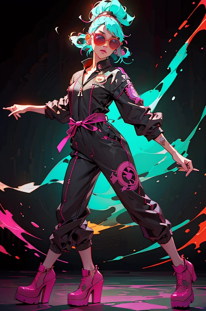 White workwear jumpsuit、A woman wearing a costume with glowing purple lines, cyber punk, Hard Rock Metal, Mosh Pit, (Highest quality,4K,8K,High resolution,masterpiece:1.2),Live Stage、Costume with glowing red lines、Large sunglasses,Punkish hairstyle、Full body portrait、dynamic dancing