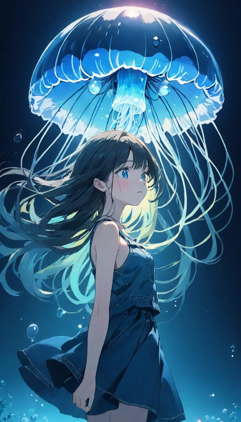 finely detailed illustration, best quality, masterpiece, vibrant color,High resolution、８ｋ、Pitch blackの静寂を演出、Wallpaper Art、Very detailed_face_eye、sharp focus on eyes, 非常に繊細なfaceと肌の質感、Woman looking around、pretty girl、14 years old、camisole、denim hot skirt、Jellyfish floating in the air、Blue glowing jellyfish、Fluorescent jellyfish、Mystical Expressions、Synaptic vesicles、Neuron、Pitch black、The only light source is a jellyfish、