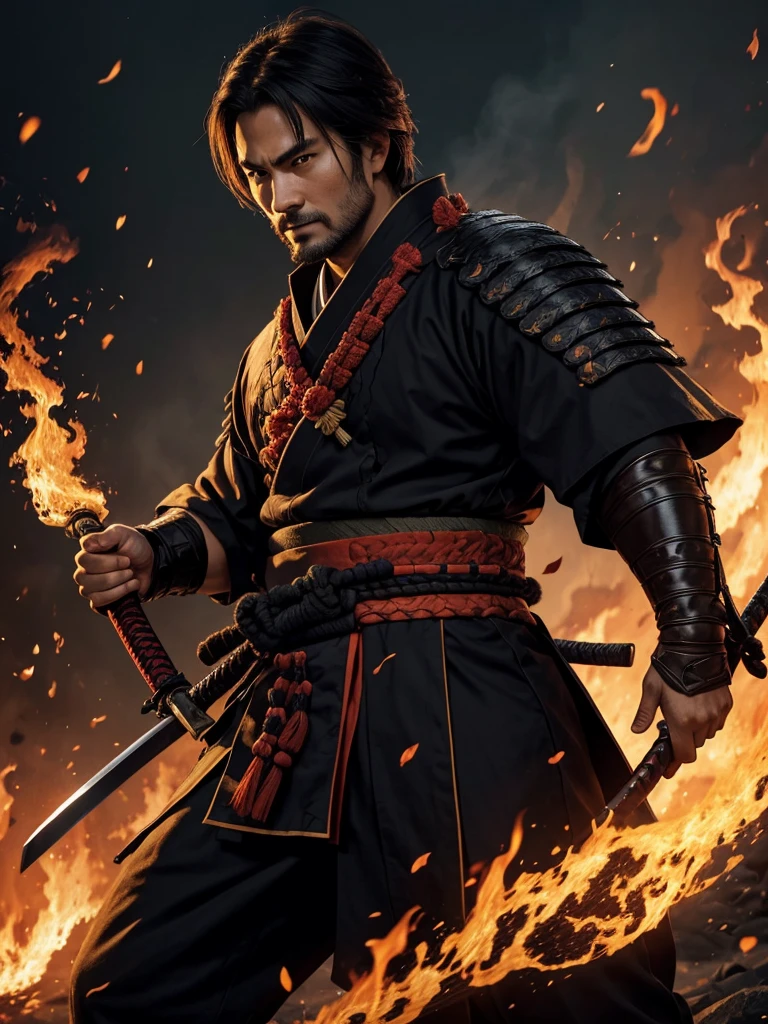 A 30 year old man wearing a samurai costume In his right hand he holds a katana sword. Stand facing the camera. Realistic pictures surrounded by flames