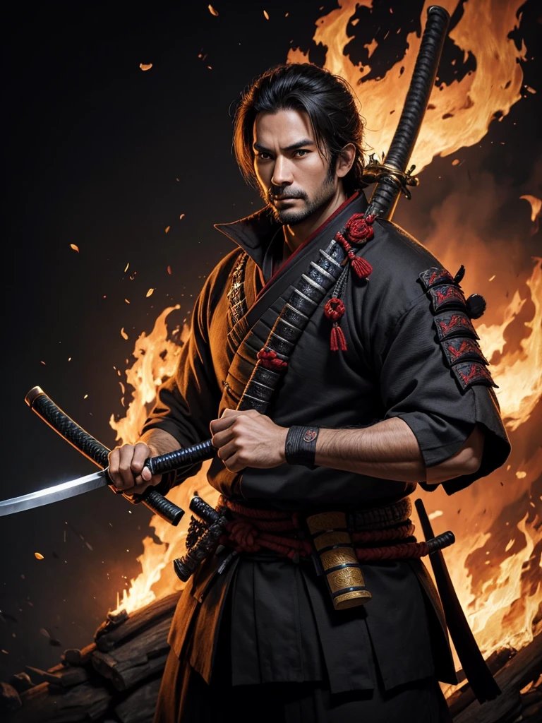 A 30 year old man wearing a samurai costume In his right hand he holds a katana sword. Stand facing the camera. Realistic pictures surrounded by flames