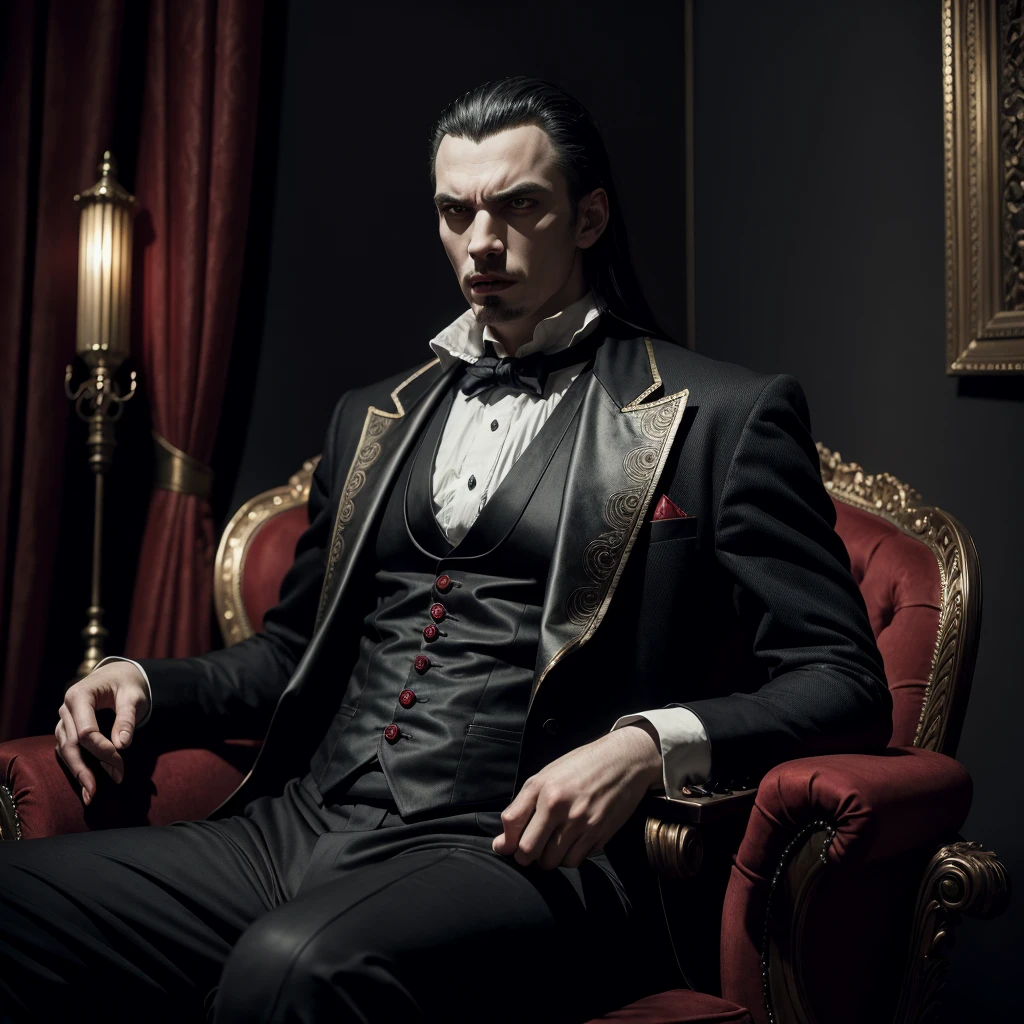 a man resembling Dracula seated in a vintage living room, menacing expression, intricate details, dramatic lighting, moody atmosphere, photorealistic, dark colors, classical painting style